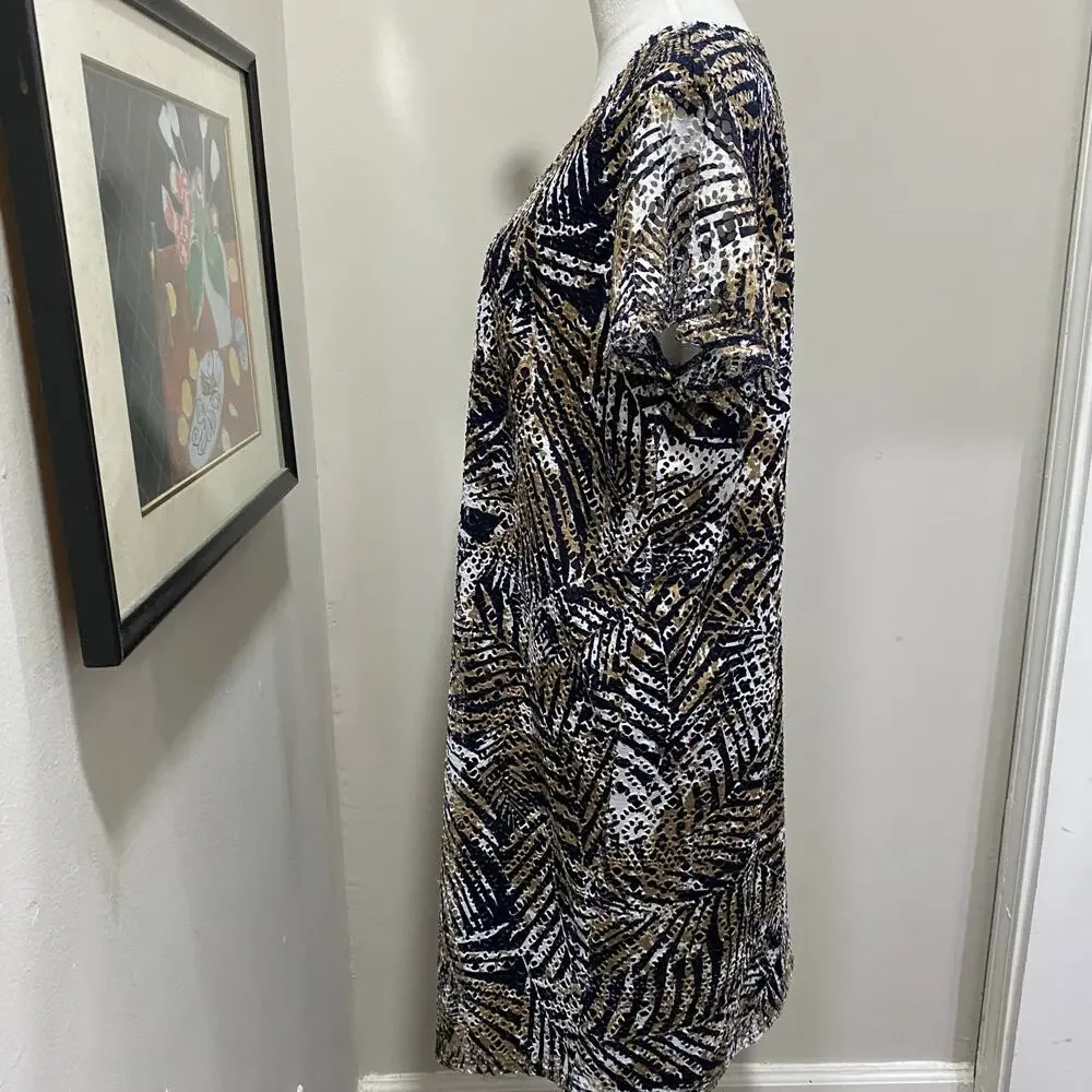 Kim Rogers Lacy Layered Dress Size Large Blue and Tan Knee Length Pullover